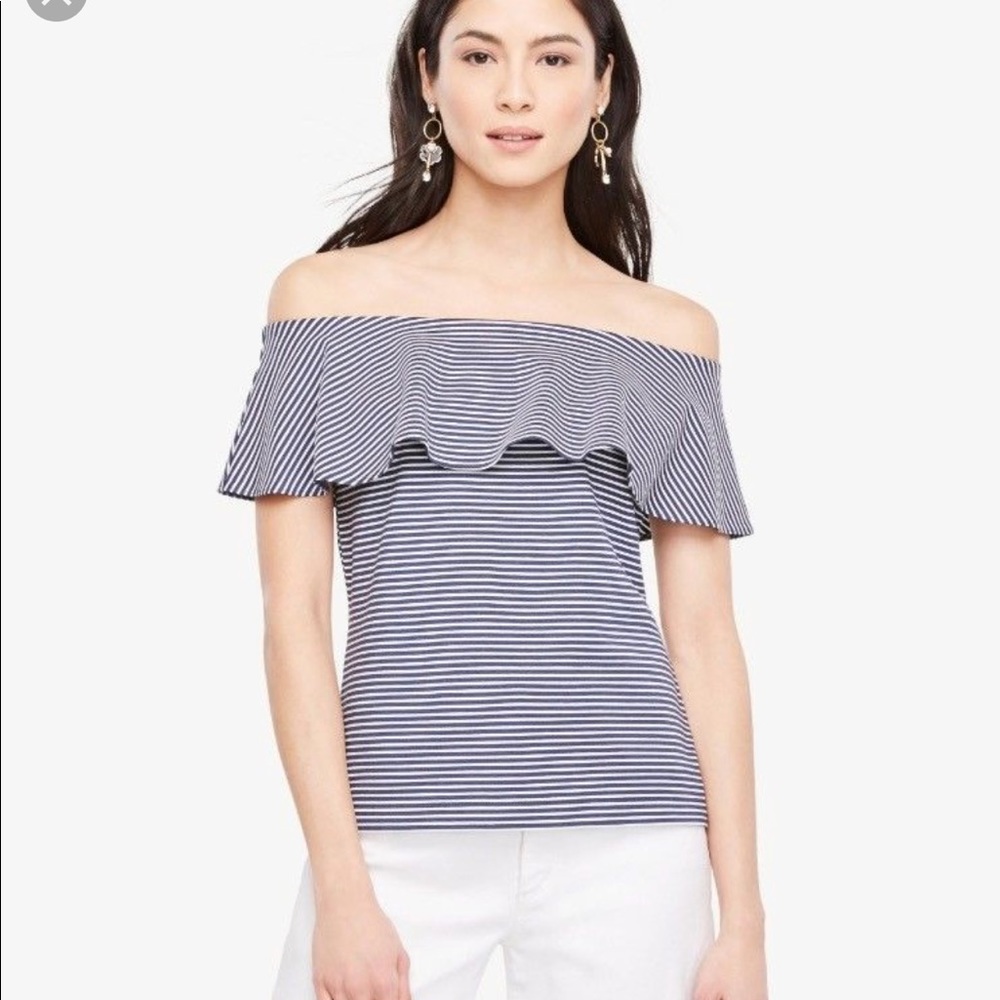 New Ann Taylor Off the shoulder stripe top shirt blue white sleeveless blouse